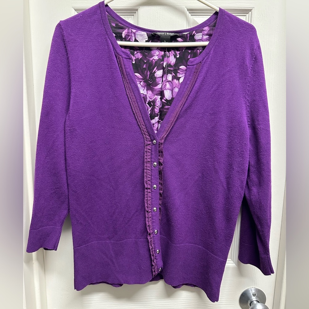 White House Black Market Purple Cardigan Button Up Sweater With Floral Lining